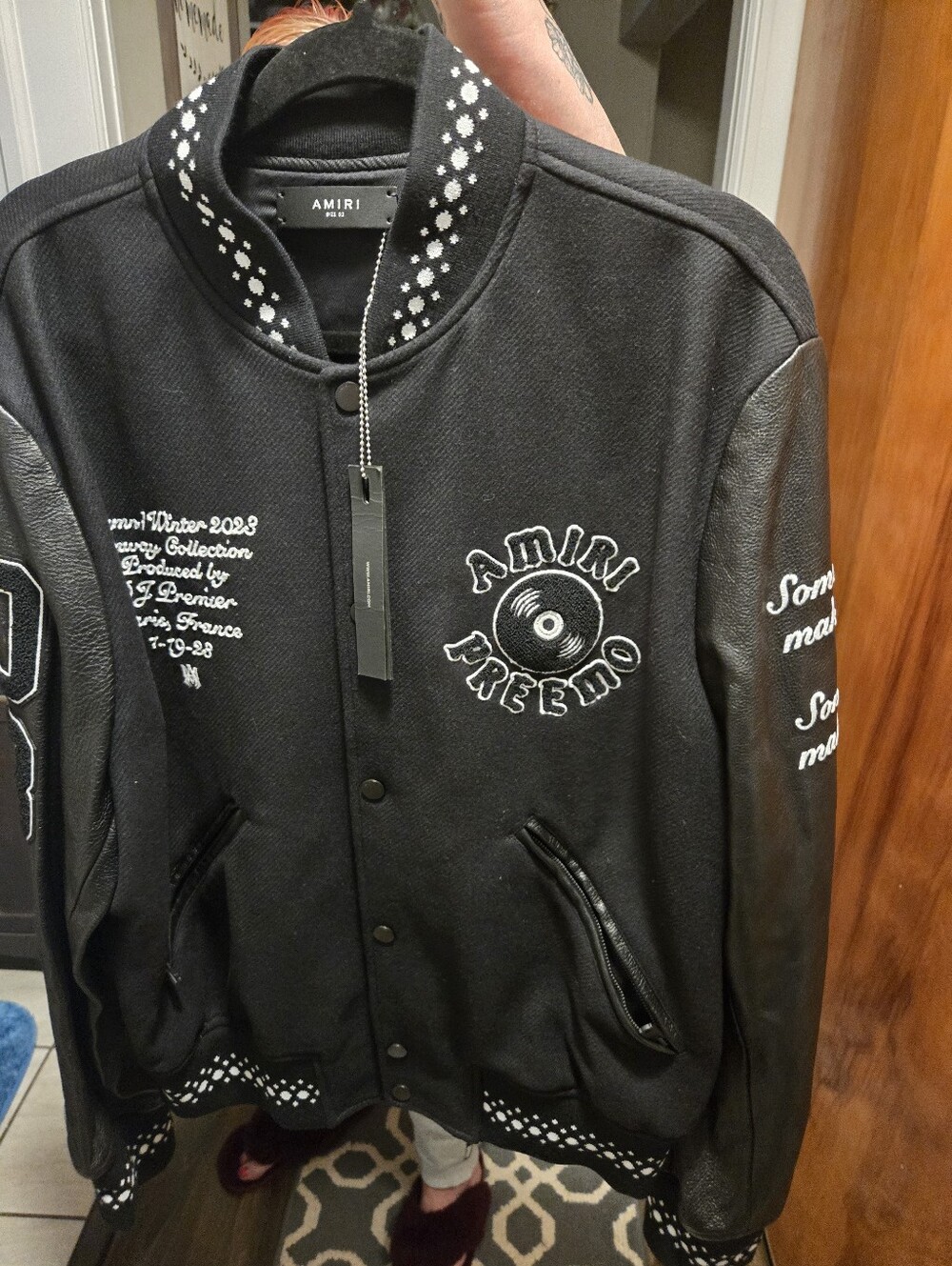 AMIRI Black Embroidered Varsity Jacket with Leather Sleeves
